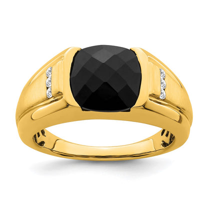 14K Yellow Gold Onyx and Real Diamond Mens Ring