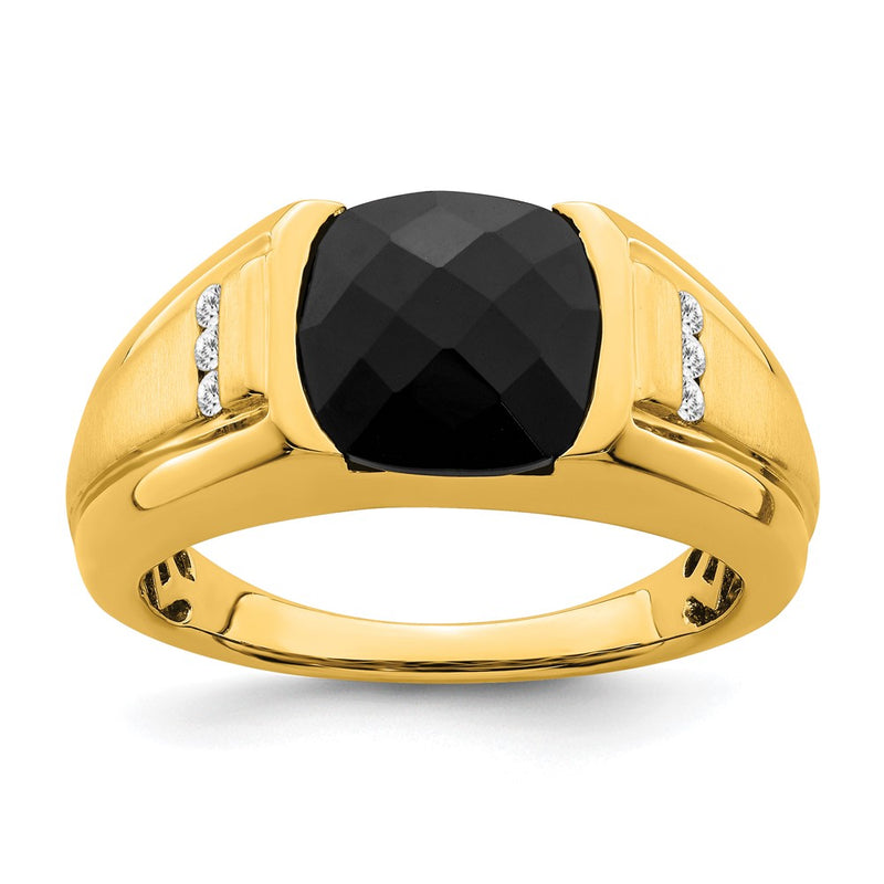 14K Yellow Gold Onyx and Real Diamond Mens Ring