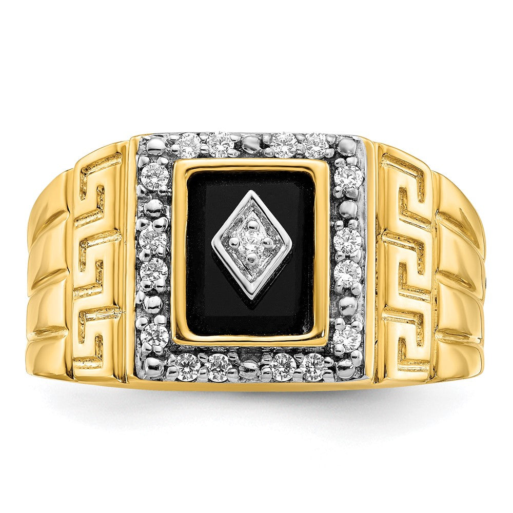 14K Yellow Gold Onyx and Real Diamond Greek Key Design Mens Ring