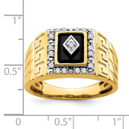 14K Yellow Gold Onyx and Real Diamond Greek Key Design Mens Ring