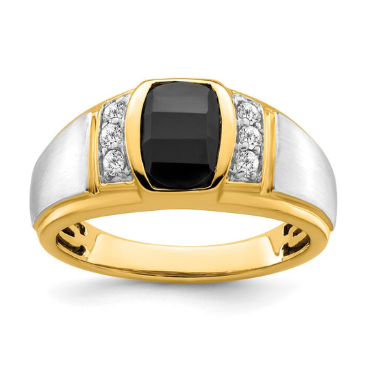 14k Two-Tone Gold Onyx and Real Diamond Mens Ring