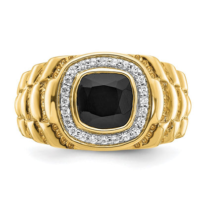14K Yellow Gold Onyx and Real Diamond Textured Mens Ring
