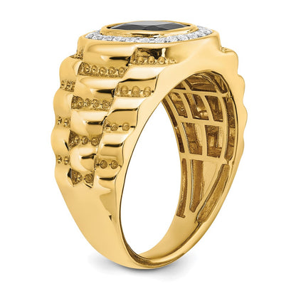 14K Yellow Gold Onyx and Real Diamond Textured Mens Ring