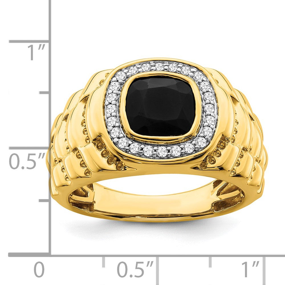 14K Yellow Gold Onyx and Real Diamond Textured Mens Ring