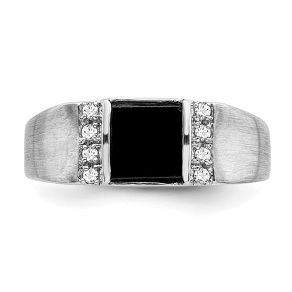 14k White Gold Square Onyx and Real Diamond Mens Ring