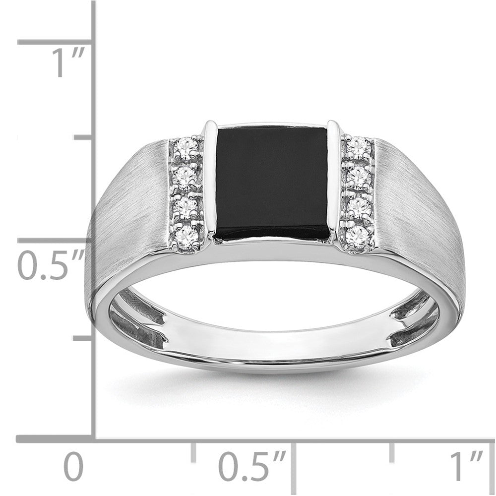 14k White Gold Square Onyx and Real Diamond Mens Ring