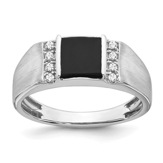 14k White Gold Square Onyx and Real Diamond Mens Ring