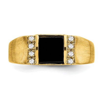 14K Yellow Gold Square Onyx and Real Diamond Mens Ring