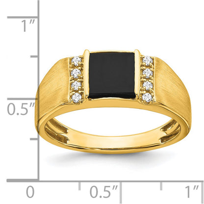 14K Yellow Gold Square Onyx and Real Diamond Mens Ring