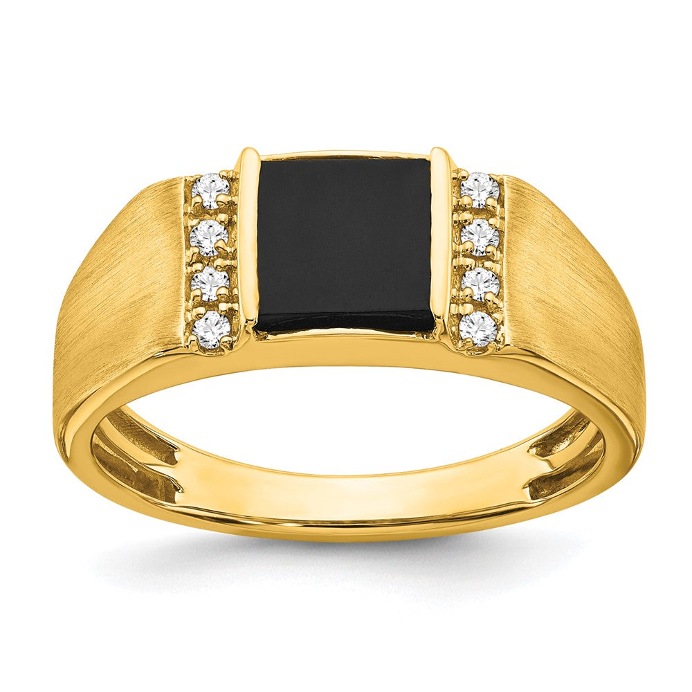 14K Yellow Gold Square Onyx and Real Diamond Mens Ring