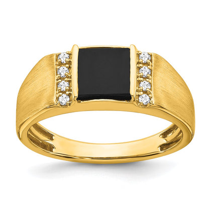 14K Yellow Gold Square Onyx and Real Diamond Mens Ring