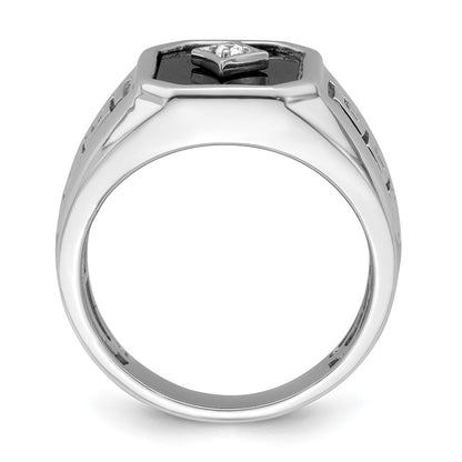 14k White Gold Onyx and Real Diamond Greek Key Design Mens Ring