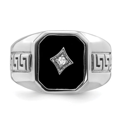 14k White Gold Onyx and Real Diamond Greek Key Design Mens Ring