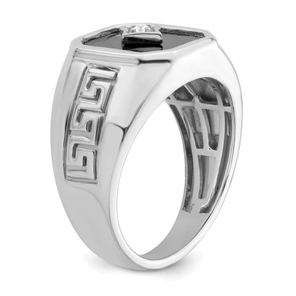 14k White Gold Onyx and Real Diamond Greek Key Design Mens Ring
