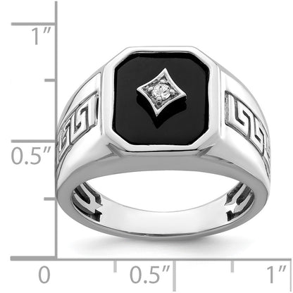 14k White Gold Onyx and Real Diamond Greek Key Design Mens Ring