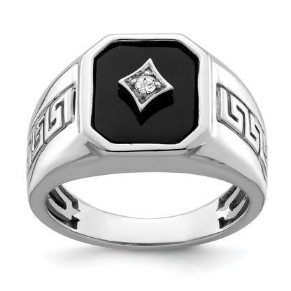 14k White Gold Onyx and Real Diamond Greek Key Design Mens Ring