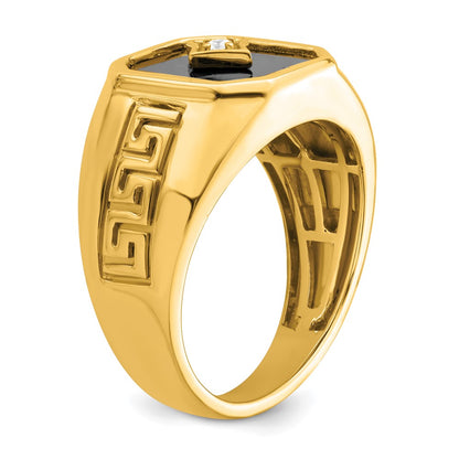 14K Yellow Gold Onyx and Real Diamond Greek Key Design Mens Ring