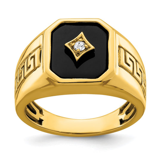 14K Yellow Gold Onyx and Real Diamond Greek Key Design Mens Ring
