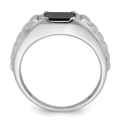 14k White Gold Square Onyx and Real Diamond Mens Ring