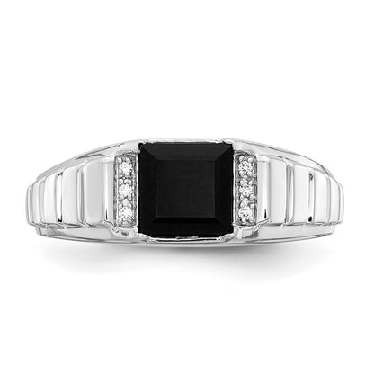 14k White Gold Square Onyx and Real Diamond Mens Ring
