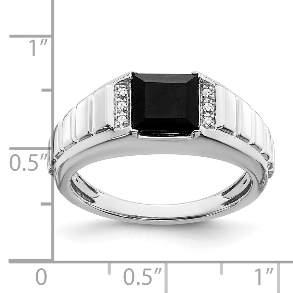 14k White Gold Square Onyx and Real Diamond Mens Ring