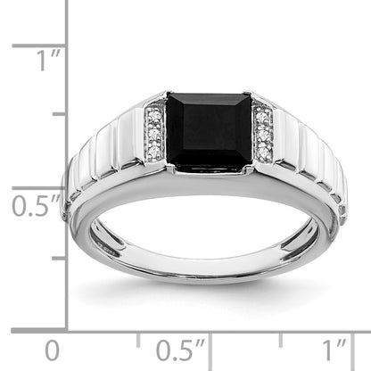 14k White Gold Square Onyx and Real Diamond Mens Ring