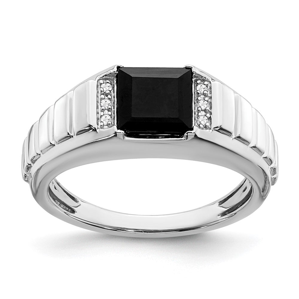 14k White Gold Square Onyx and Real Diamond Mens Ring
