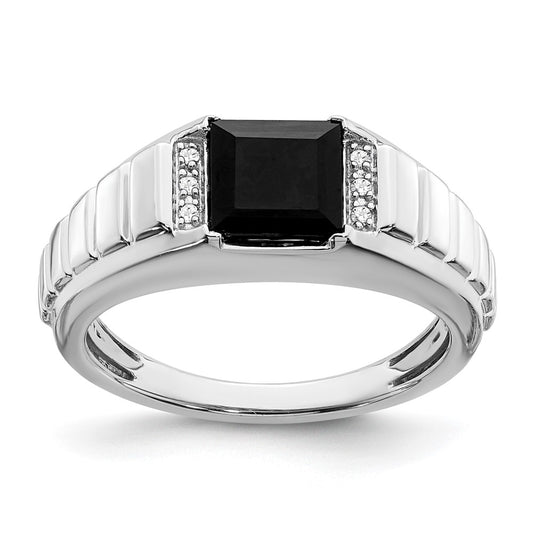 14k White Gold Square Onyx and Real Diamond Mens Ring