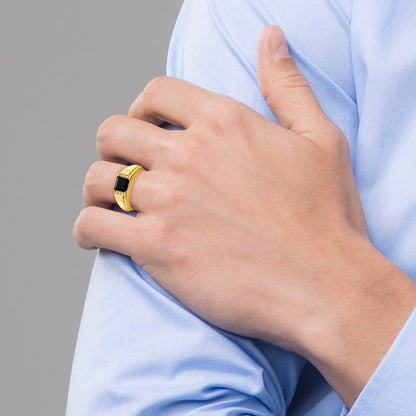 14K Yellow Gold Square Onyx and Real Diamond Mens Ring