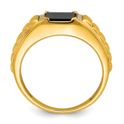 14K Yellow Gold Square Onyx and Real Diamond Mens Ring