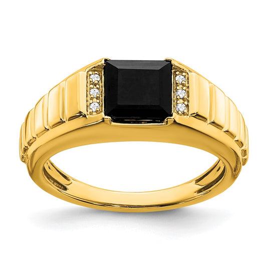 14K Yellow Gold Square Onyx and Real Diamond Mens Ring