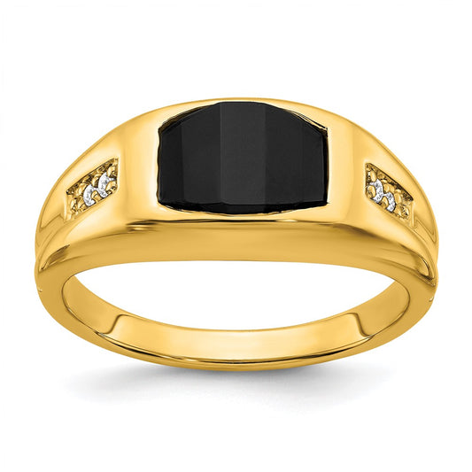 14K Yellow Gold Onyx and Real Diamond Mens Ring