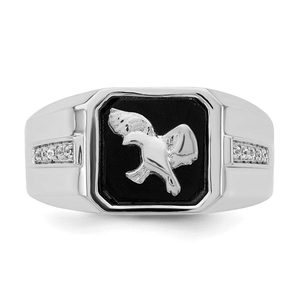 14k White Gold Onyx and Real Diamond Eagle Mens Ring