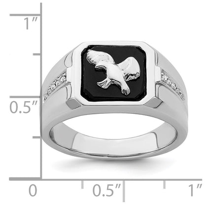 14k White Gold Onyx and Real Diamond Eagle Mens Ring