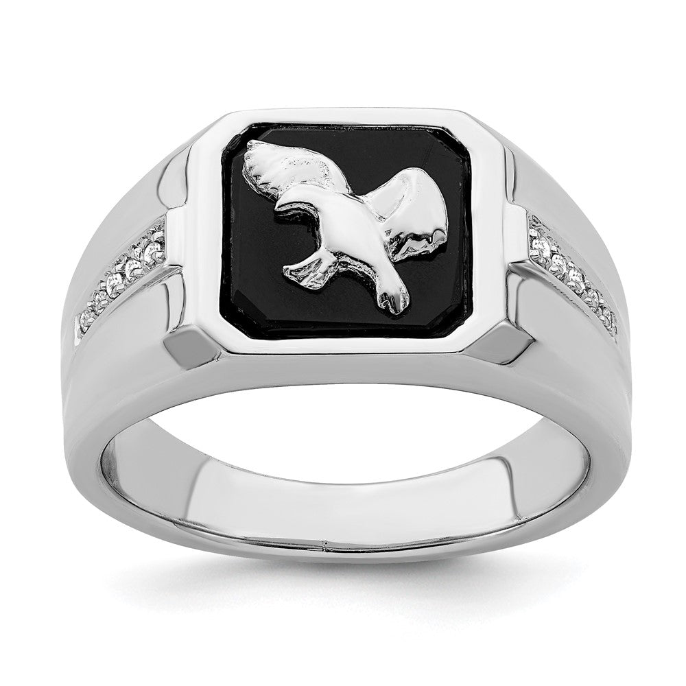 14k White Gold Onyx and Real Diamond Eagle Mens Ring