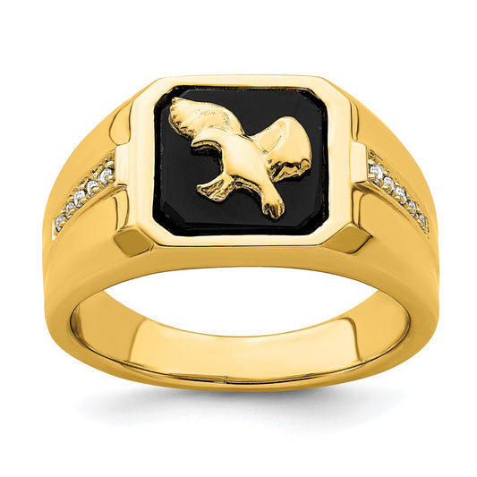 14K Yellow Gold Onyx and Real Diamond Eagle Mens Ring