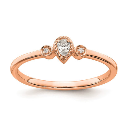 0.10ct. CZ Solid Real 14k Rose Polish Petite Rope Edge Pear Complete Dia Ring
