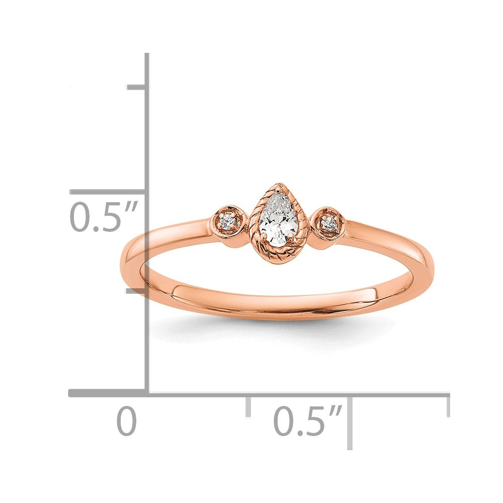 0.10ct. CZ Solid Real 14k Rose Polish Petite Rope Edge Pear Complete Dia Ring
