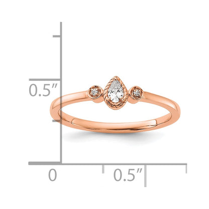 0.10ct. CZ Solid Real 14k Rose Polish Petite Rope Edge Pear Complete Dia Ring