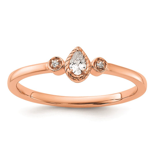 0.10ct. CZ Solid Real 14k Rose Polish Petite Rope Edge Pear Complete Dia Ring