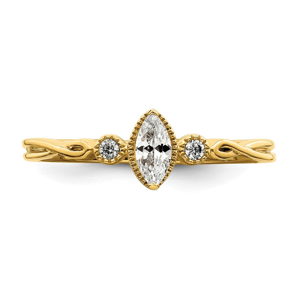 0.24ct. CZ Solid Real 14k Polish Petite Beaded Edge Marquise Complete Dia Ring