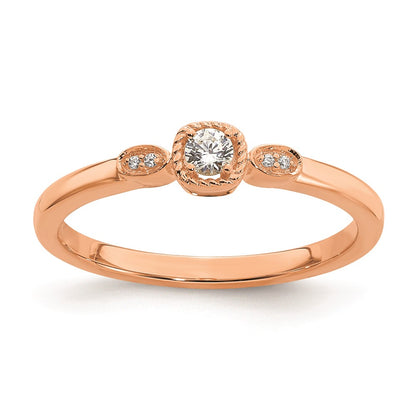 0.10ct. CZ Solid Real 14k Rose Polish Petite Rope Edge Round Complete Dia Ring