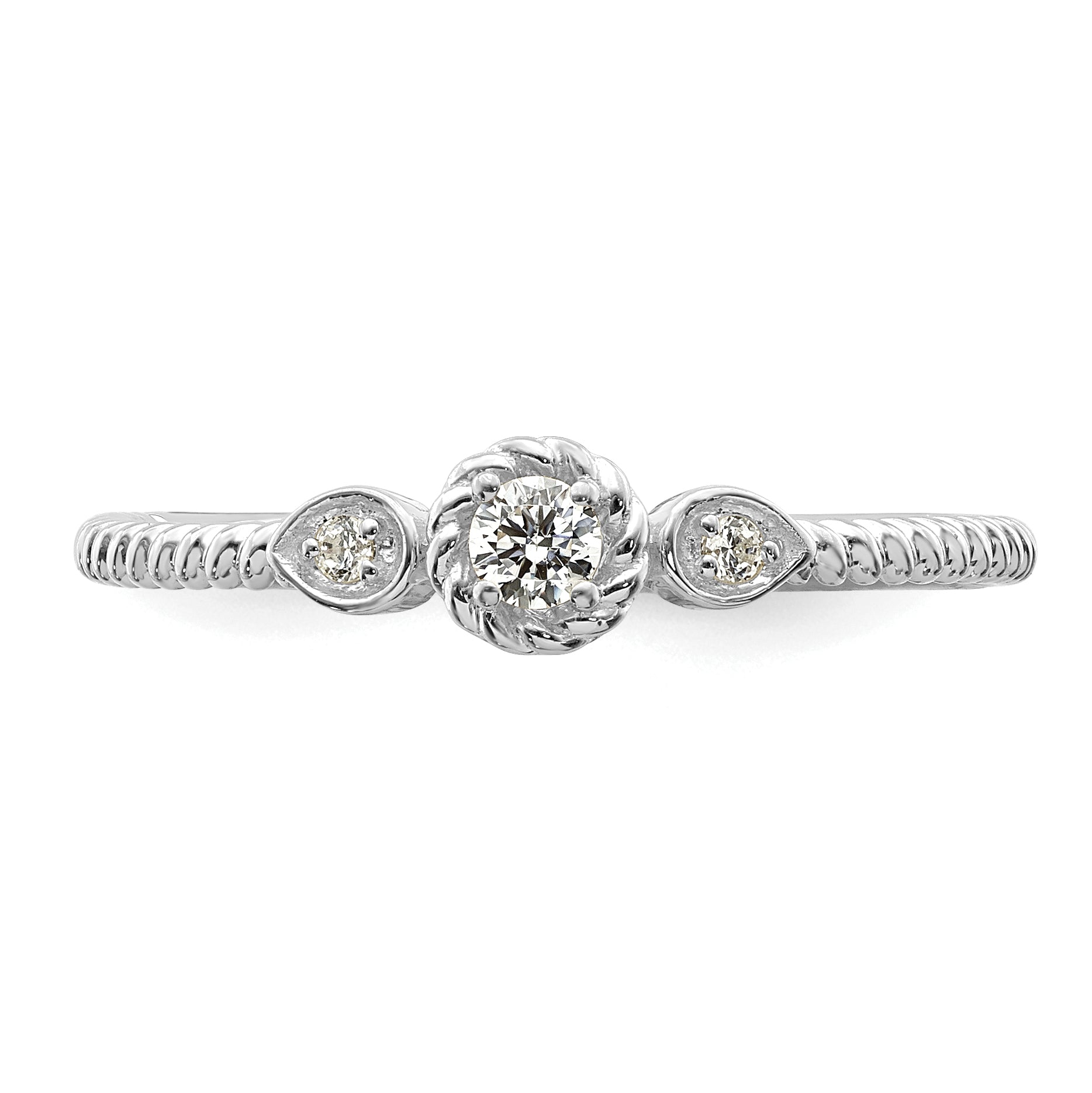 0.10ct. CZ Solid Real 14k White Polish Roped Wedding Band Ring Petite Round Complete Dia Ring
