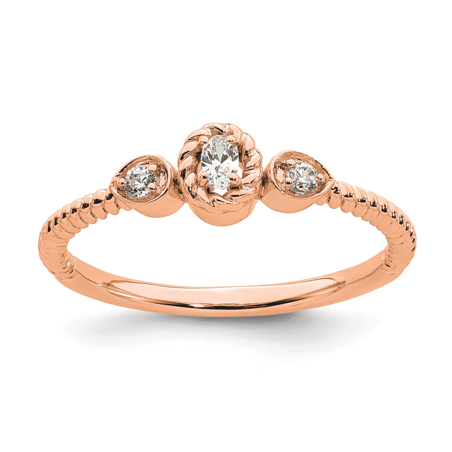0.10ct. CZ Solid Real 14k Rose Polish Roped Wedding Band Ring Petite Oval Complete Dia Ring