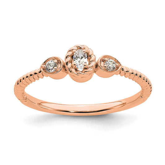 0.10ct. CZ Solid Real 14k Rose Polish Roped Wedding Band Ring Petite Oval Complete Dia Ring