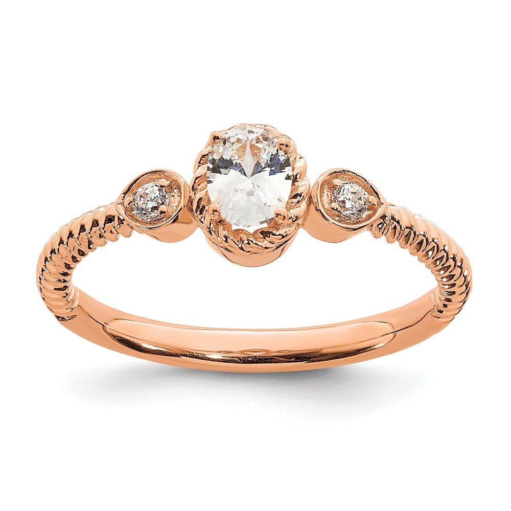 0.25ct. CZ Solid Real 14k Rose Polish Roped Wedding Band Ring Petite Oval Complete Dia Ring