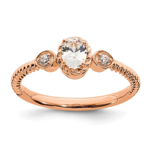 0.25ct. CZ Solid Real 14k Rose Polish Roped Wedding Band Ring Petite Oval Complete Dia Ring