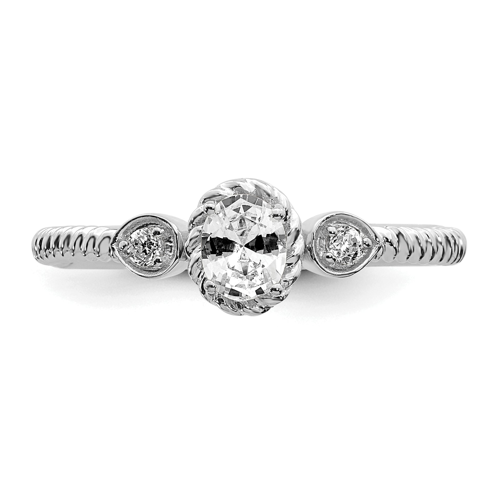0.25ct. CZ Solid Real 14k White Polish Roped Wedding Band Ring Petite Oval Complete Dia Ring