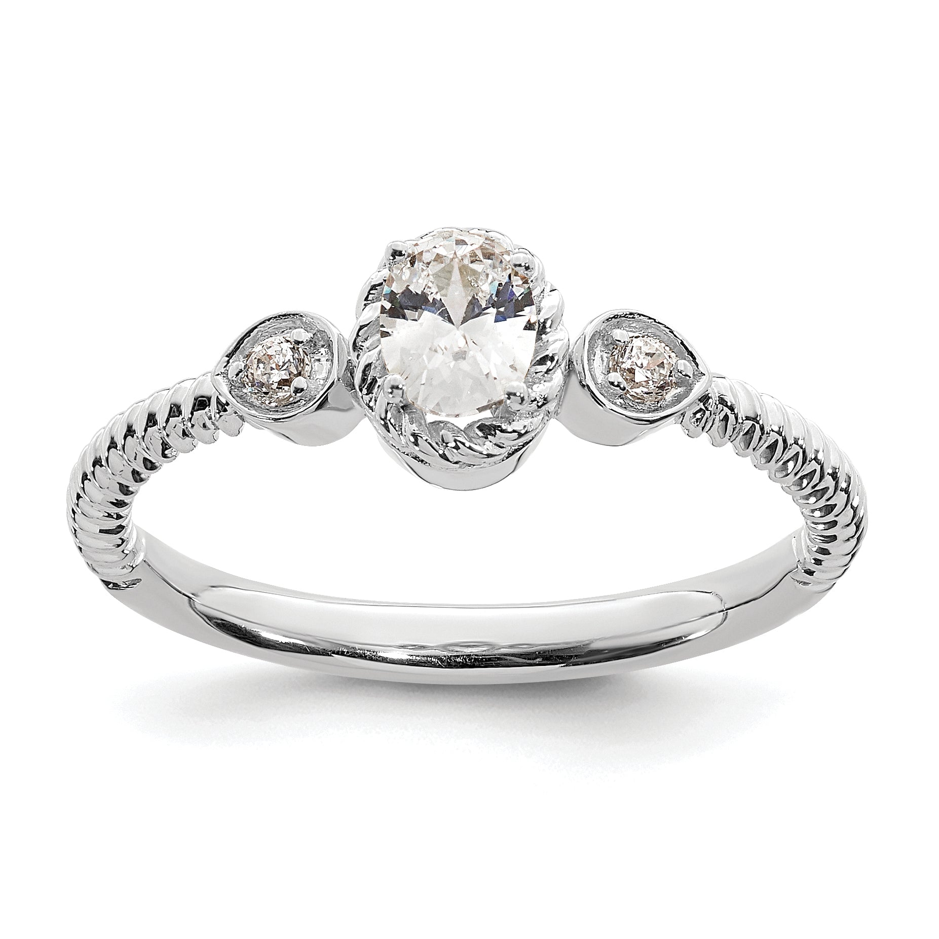 0.25ct. CZ Solid Real 14k White Polish Roped Wedding Band Ring Petite Oval Complete Dia Ring