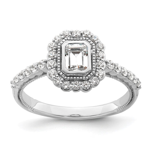 0.50ct. CZ Solid Real 14k White Polish Halo 1/2ct Asscher Bezel Dia Ring